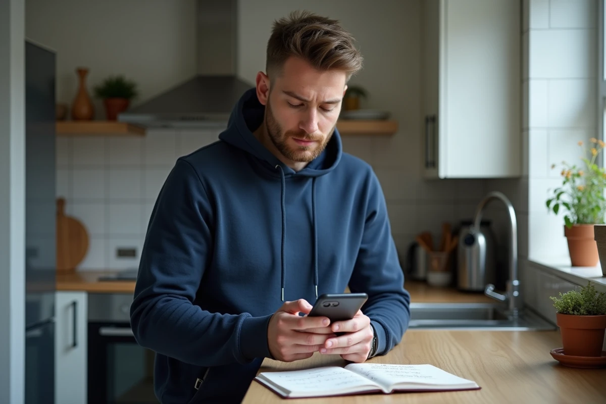 Homme consultant une application d'épargne sur smartphone dans une petite cuisine d'appartement urbain