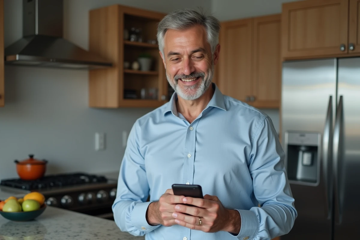Homme vérifiant son application bancaire sur son smartphone en cuisine