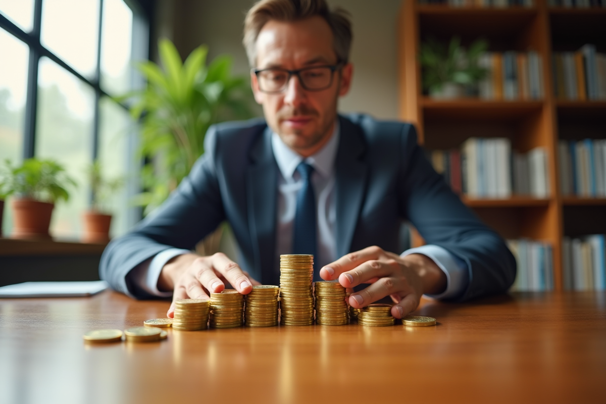 Homme en business casual empilant des pièces d