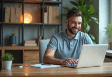 Homme d affaires utilisant un ordinateur dans un bureau moderne