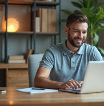 Homme d affaires utilisant un ordinateur dans un bureau moderne