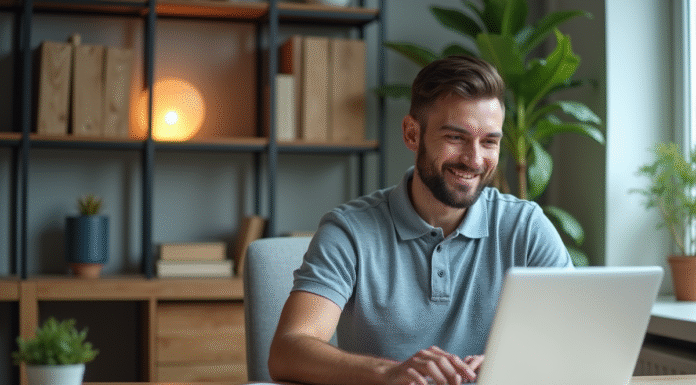 Homme d affaires utilisant un ordinateur dans un bureau moderne