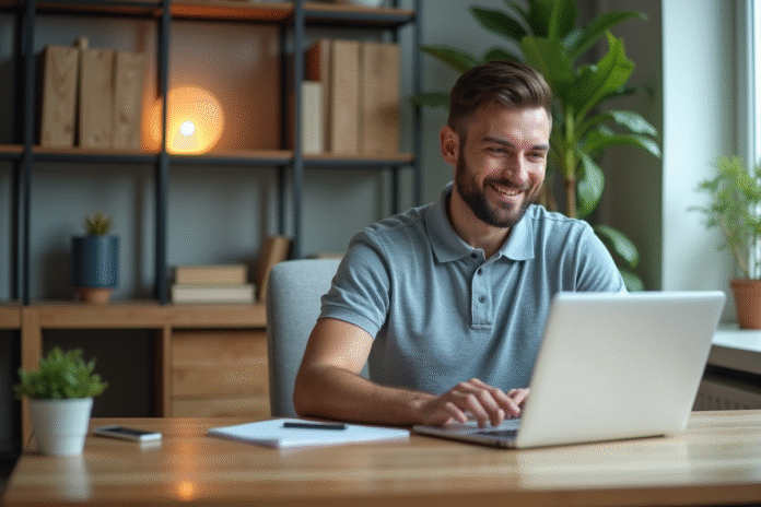 Homme d affaires utilisant un ordinateur dans un bureau moderne