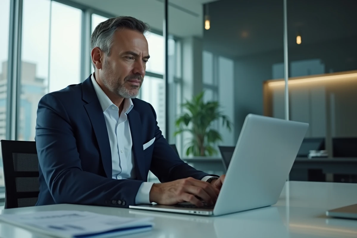 Homme d affaires utilisant un ordinateur dans un bureau moderne