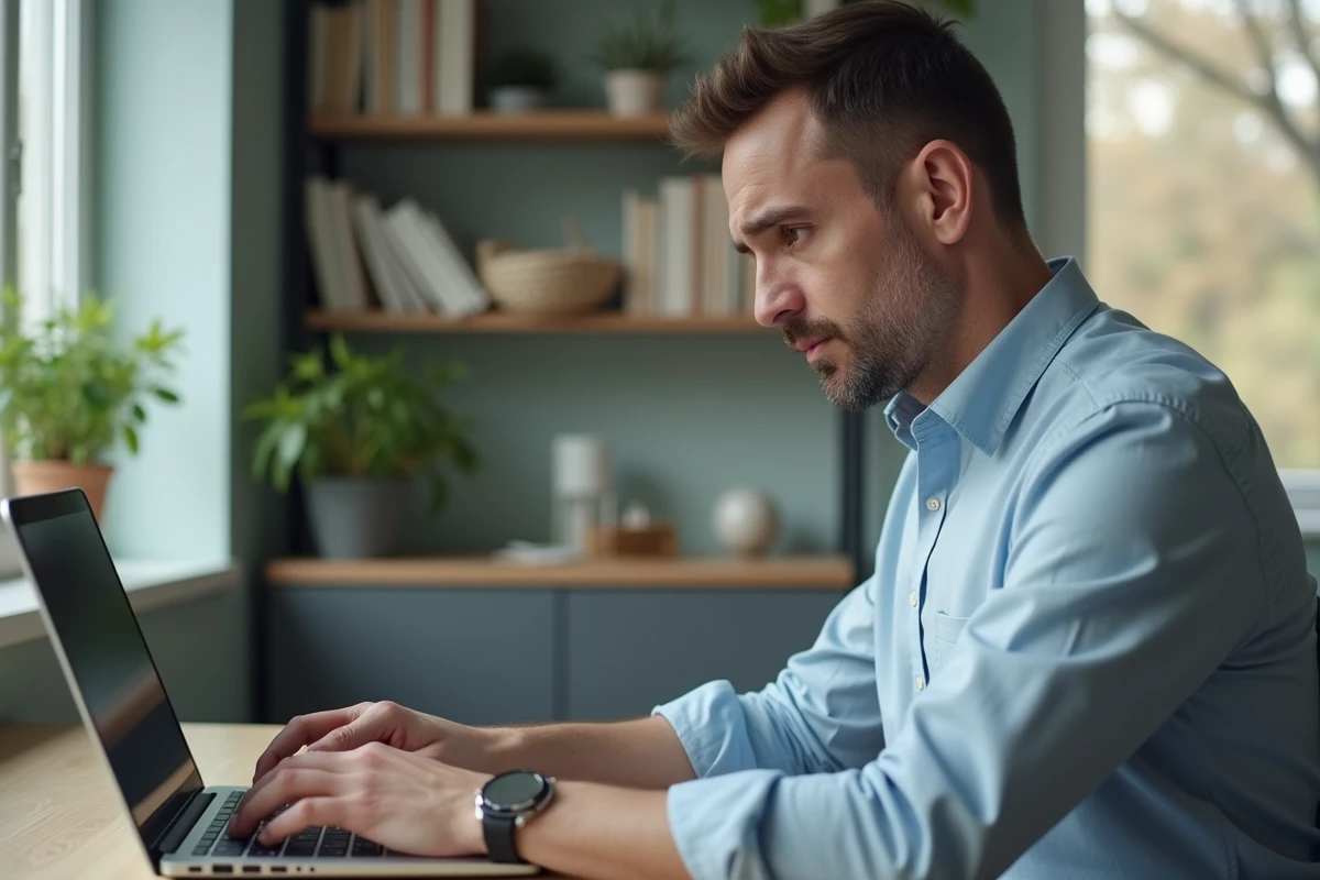 Homme d'âge moyen au bureau vérifiant ses réglages informatiques