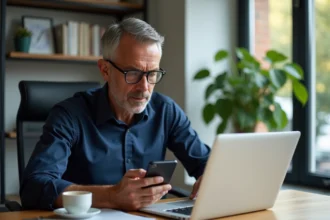 Homme d'âge moyen travaillant sur ordinateur dans un bureau moderne