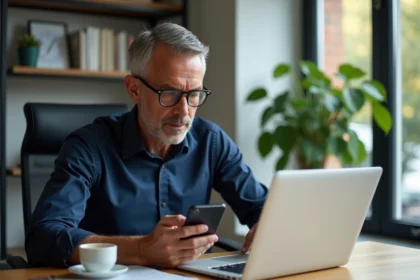 Homme d'âge moyen travaillant sur ordinateur dans un bureau moderne