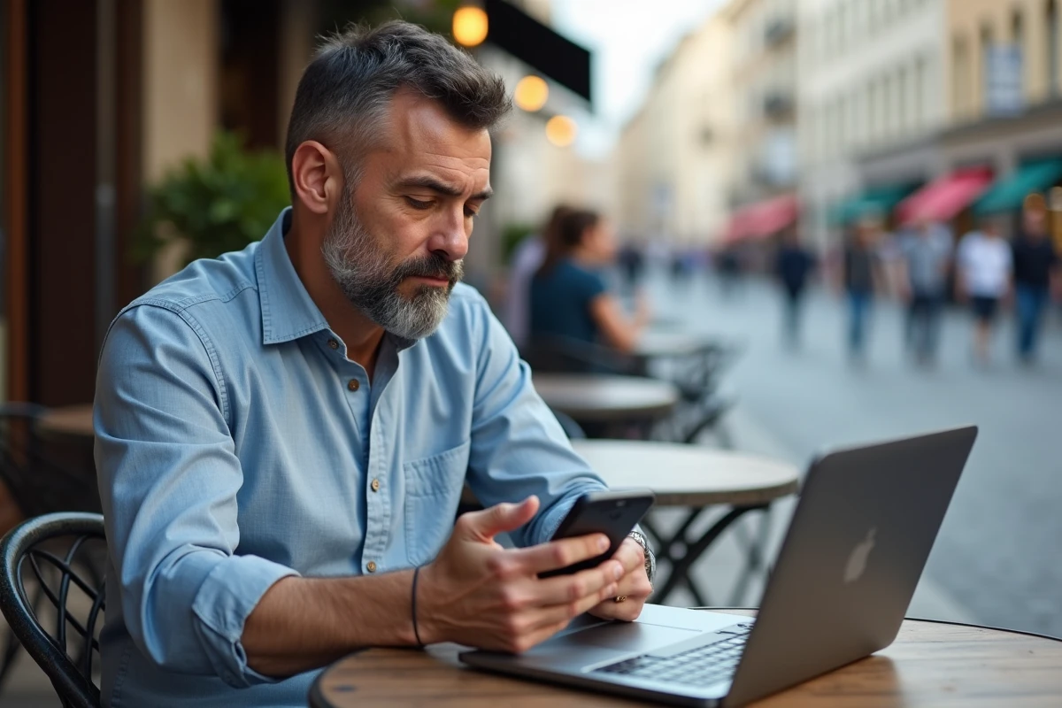 Homme au café utilisant un smartphone pour une conversion de devises