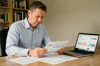 Homme consultant ses relevés bancaires à son bureau à domicile pour comparer les taux d'intérêt