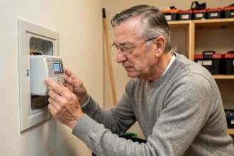 Homme examinant un compteur électrique numérique pour vérifier les horaires heures creuses EDF