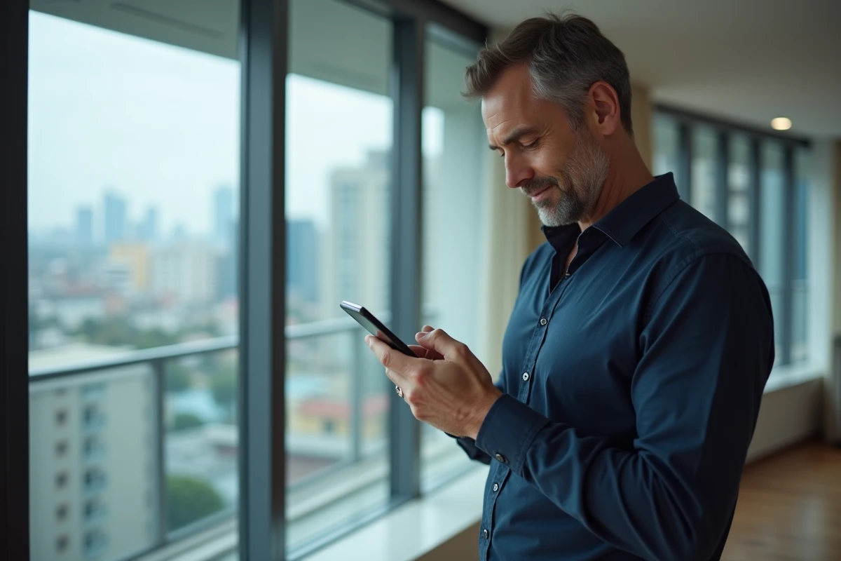 Homme consultant son compte LCL en ligne sur smartphone dans un appartement moderne en ville