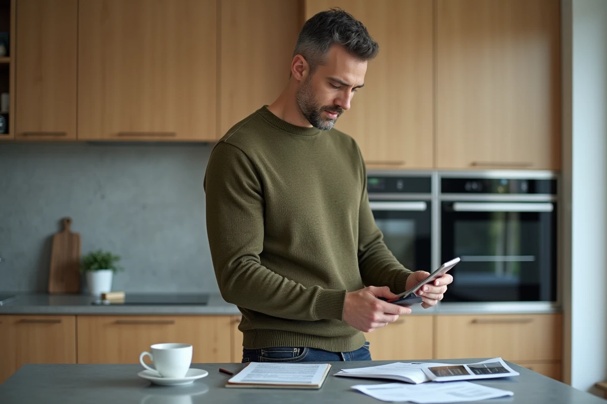 Homme consultant ses crédits et son épargne sur smartphone dans une cuisine moderne, gestion bancaire Crédit Agricole du Languedoc