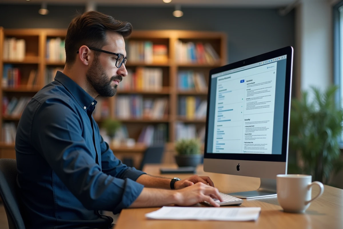 Homme lisant des documents administratifs PRÉVENTEL sur un ordinateur dans un espace de coworking
