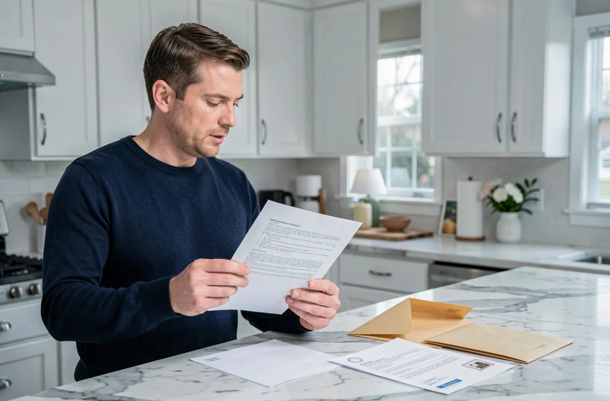 Homme consultant un contrat d'assurance avant d'envoyer une lettre de résiliation