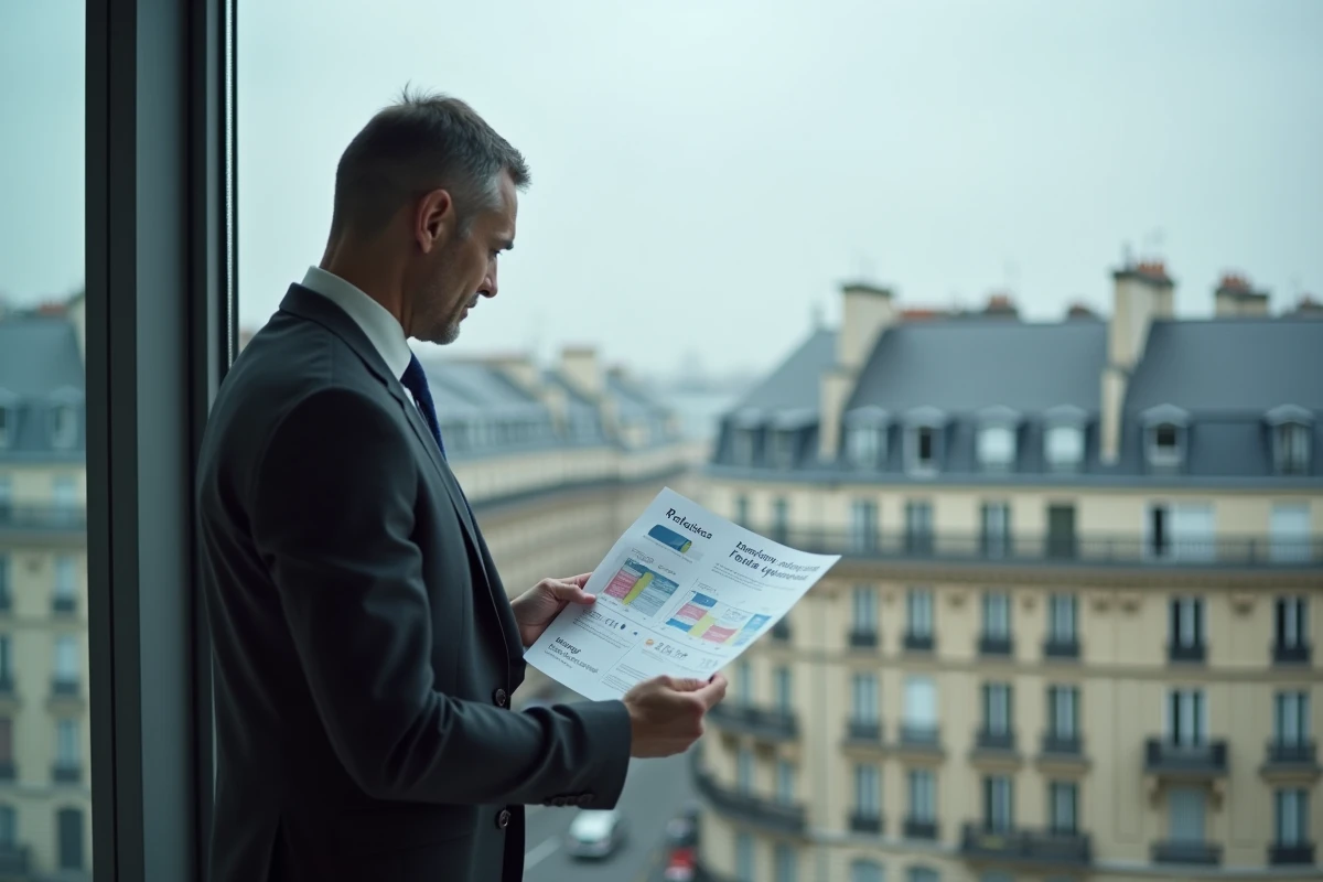 Homme en costume consultant un rapport sur les salaires moyens par âge en France dans un bureau moderne