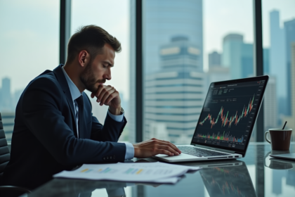 Homme d affaires étudiant des graphiques de cryptomonnaie