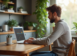 Bénéfices cryptos : Réussir à en gagner en toute simplicité ! Homme concentré sur un ordinateur avec dashboard crypto