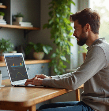 Bénéfices cryptos : Réussir à en gagner en toute simplicité ! Homme concentré sur un ordinateur avec dashboard crypto