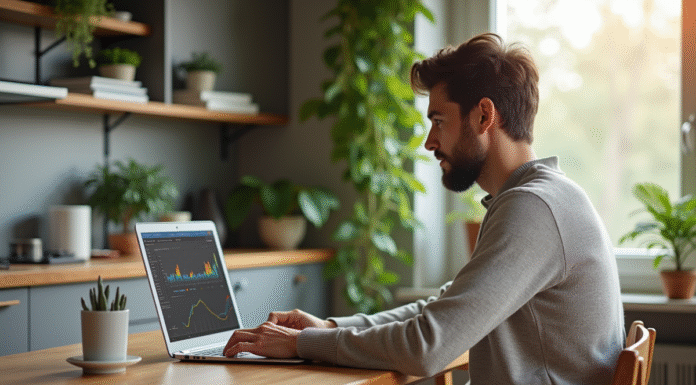 Homme concentré sur un ordinateur avec dashboard crypto
