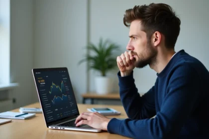Homme concentré démarrant avec la blockchain Robthecoins sur son ordinateur portable dans un bureau à domicile