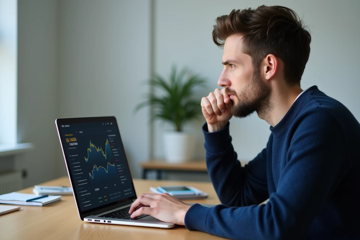Homme concentré démarrant avec la blockchain Robthecoins sur son ordinateur portable dans un bureau à domicile
