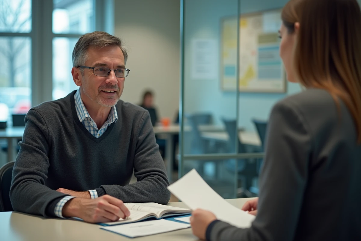 Homme en discussion avec un agent dans un bureau moderne