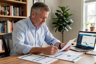 Homme consultant ses documents d'épargne salariale à son bureau pour récupérer son argent au Crédit Mutuel