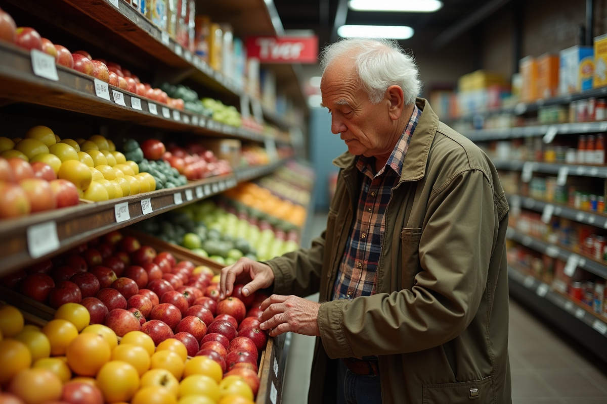 Homme âgé choisissant des pommes dans une épicerie