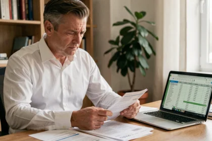 Homme examinant ses fiches de paie et documents fiscaux sur un bureau en bois, expression préoccupée face à l'augmentation de l'imposition sur les heures supplémentaires