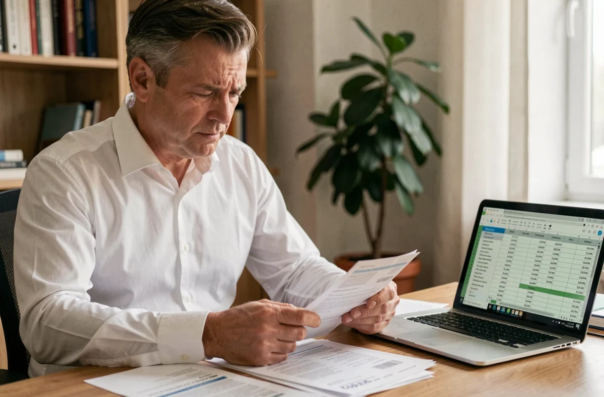 Homme examinant ses fiches de paie et documents fiscaux sur un bureau en bois, expression préoccupée face à l'augmentation de l'imposition sur les heures supplémentaires