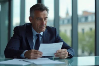 Homme d'affaires en costume dans un bureau parisien