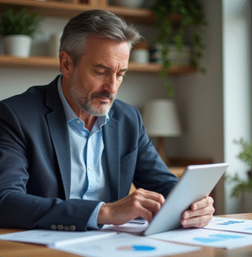 Investir en bourse: choisir un PEA ou pas ? Homme d'affaires en réunion à la maison avec documents financiers
