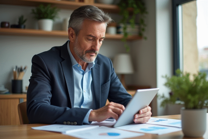 Homme d'affaires en réunion à la maison avec documents financiers