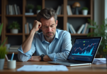 Crypto-monnaie : pourquoi éviter l’achat ? Les raisons à connaître ! Homme d'âge moyen regardant un graphique crypto inquiet