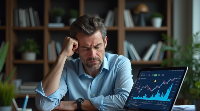 Homme d'âge moyen regardant un graphique crypto inquiet
