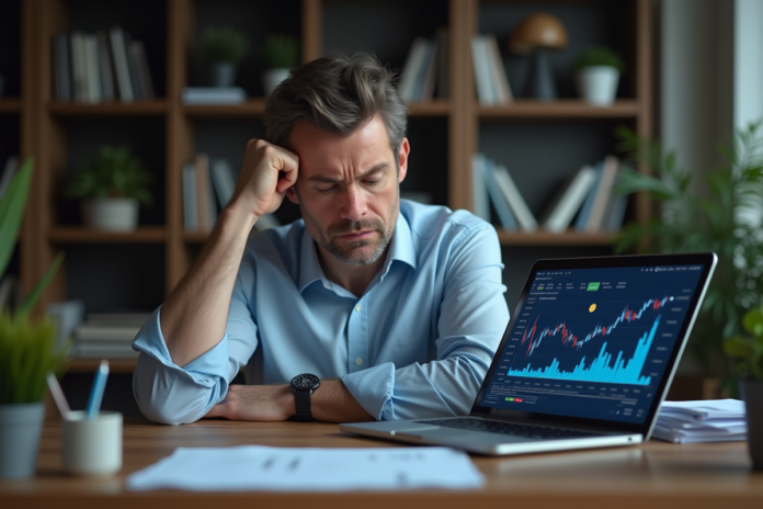 Homme d'âge moyen regardant un graphique crypto inquiet