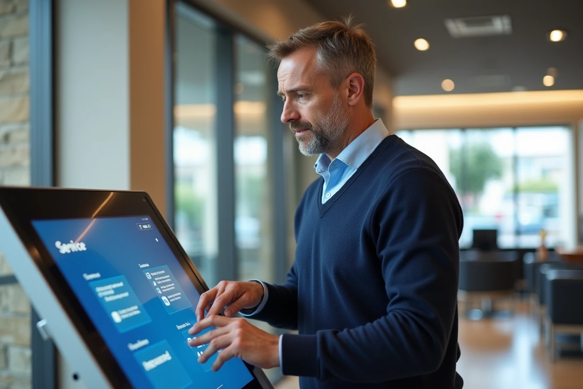 Homme utilisant un kiosque numérique dans une banque moderne