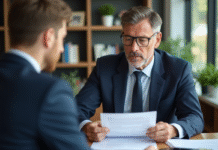 Réduire les intérêts d’un prêt : conseils efficaces pour diminuer les frais Homme d'âge moyen en costume bleu lit un document de prêt