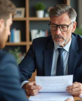 Homme d'âge moyen en costume bleu lit un document de prêt