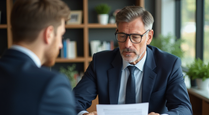 Homme d'âge moyen en costume bleu lit un document de prêt
