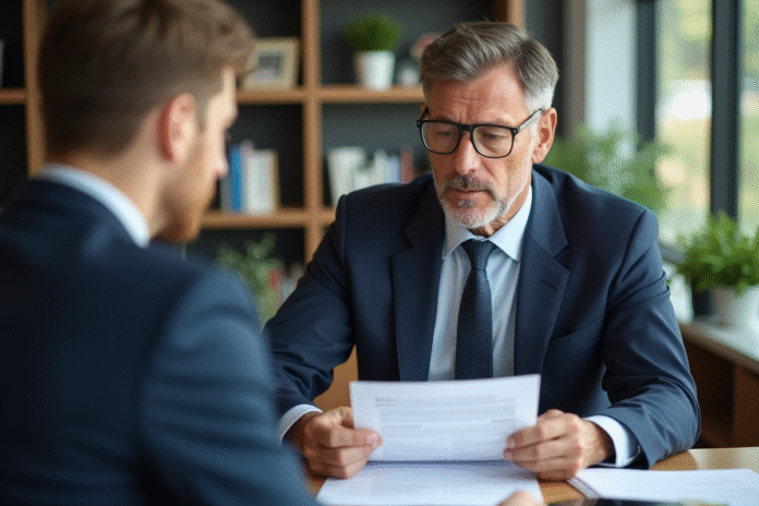 homme-lecture-pret Homme d'âge moyen en costume bleu lit un document de prêt