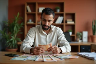 Homme marocain comparant des billets en dirhams et en euros sur un bureau en bois dans un bureau à domicile moderne
