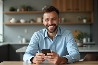 Homme souriant utilisant une carte bancaire et smartphone à la maison