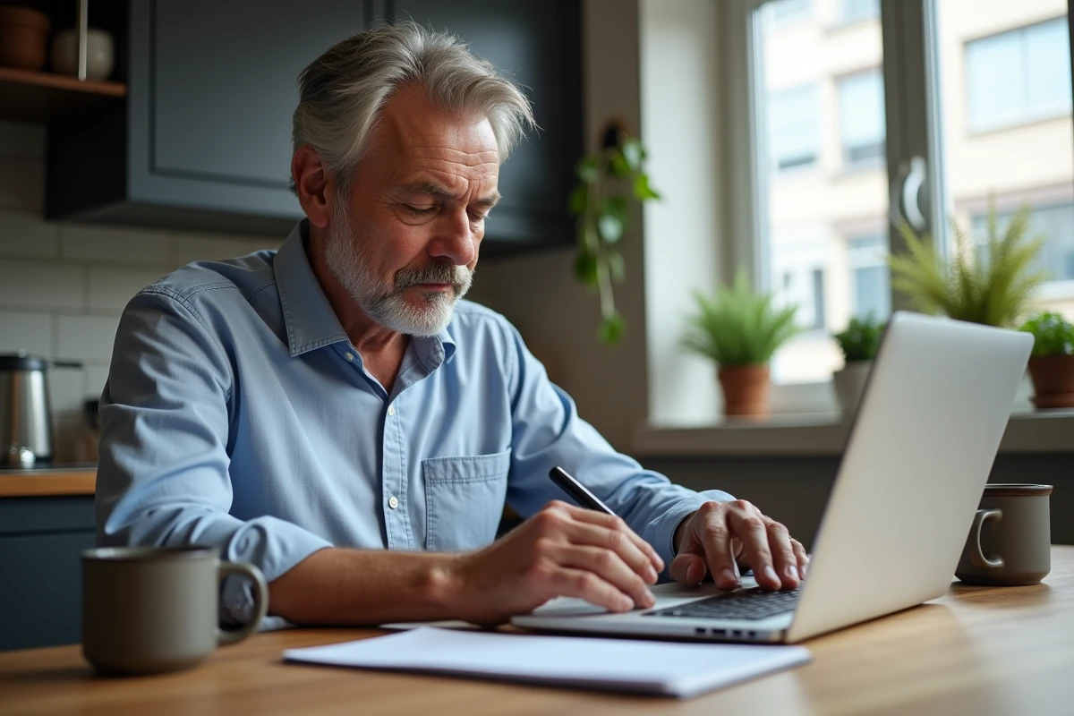 Homme vérifiant des termes de paiement à la maison