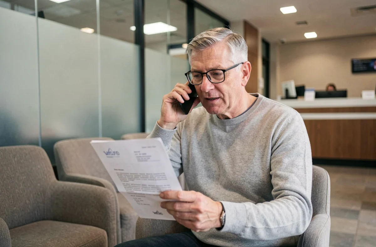 Homme au téléphone dans une agence bancaire tenant une lettre de réclamation pour un litige