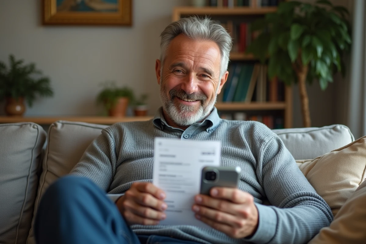 Homme d âge moyen tenant un reçu dans un salon cosy