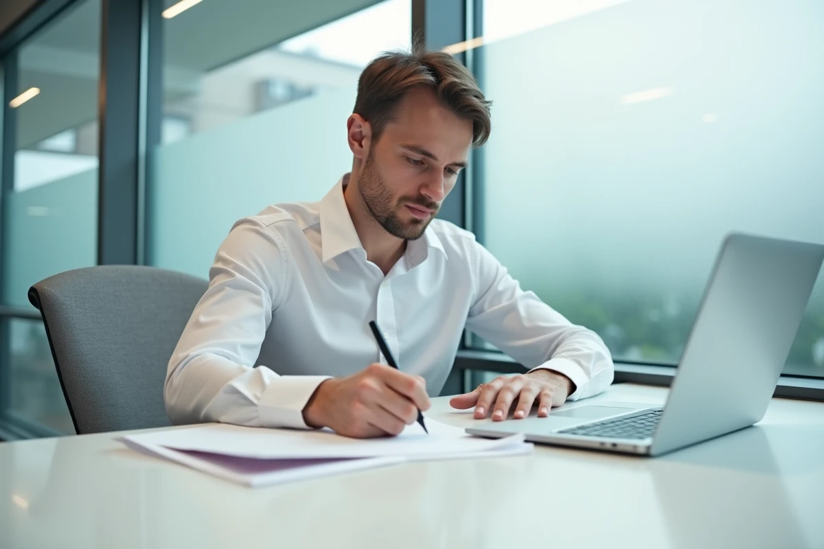 Homme rédigeant une lettre de résiliation d'assurance à son bureau avec enveloppe timbrée