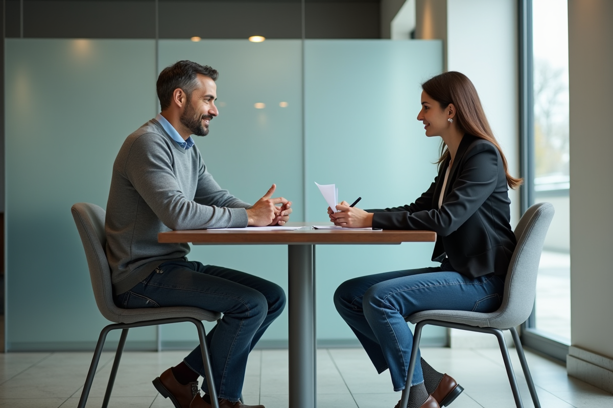 Homme discutant avec conseiller financier dans une banque moderne