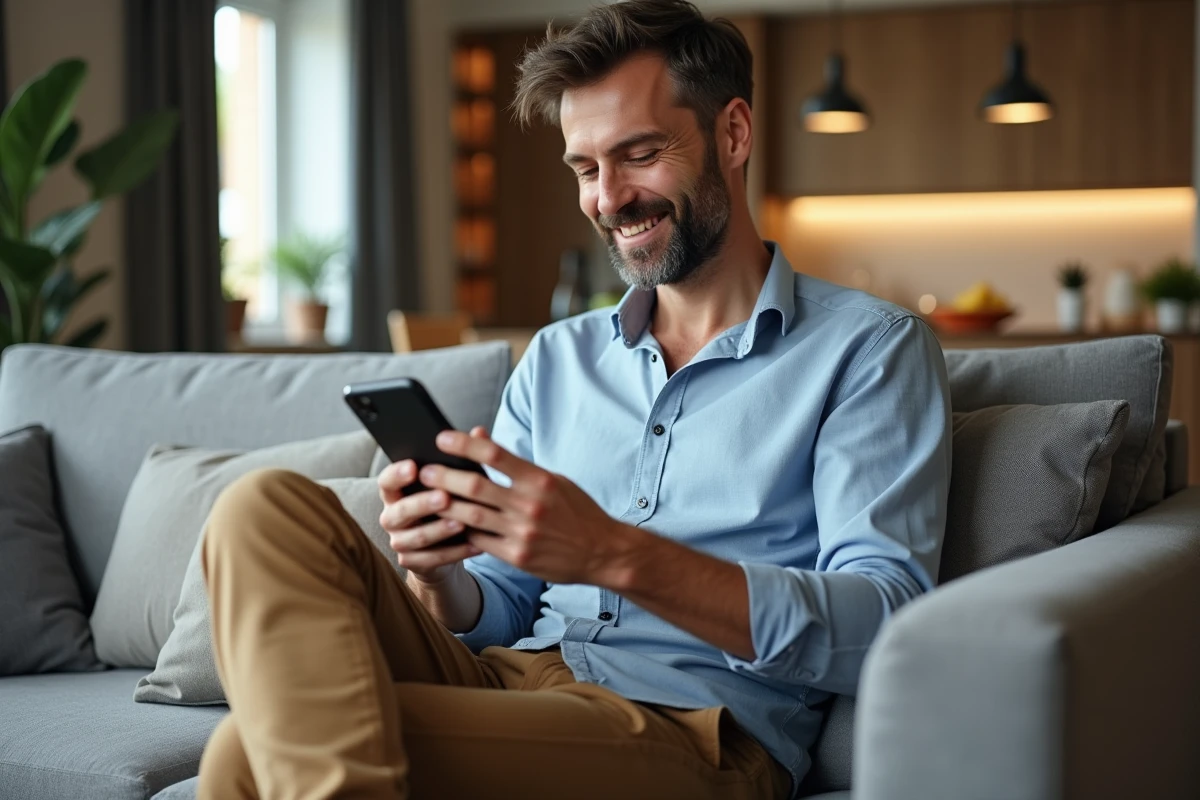 Homme vérifiant ses transactions sur son smartphone dans le salon
