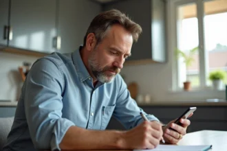Homme d'âge moyen utilisant son smartphone et notant un numéro